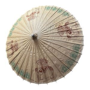 Vintage Asian Wood Paper Parasol Umbrella